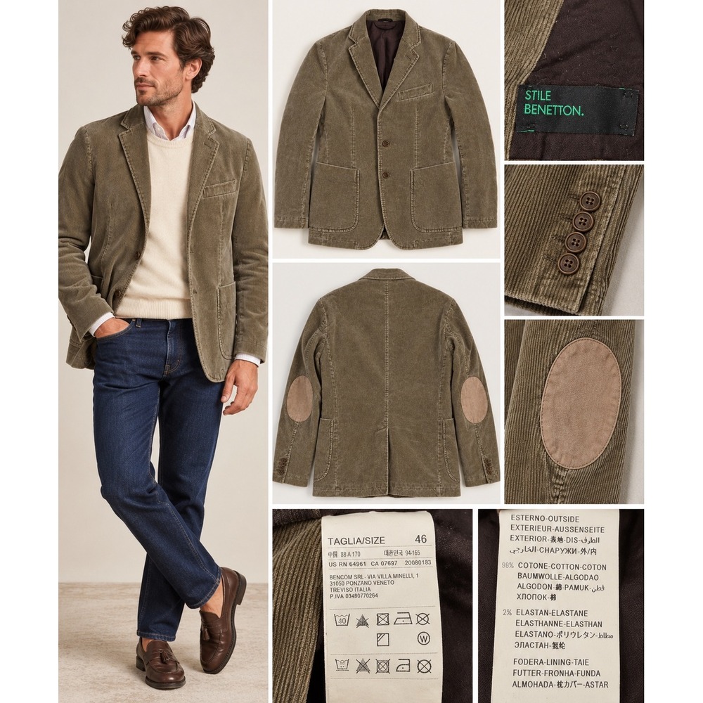 Stile Benetton Mens Olive Green Corduroy Blazer Elbow Patches Size 46